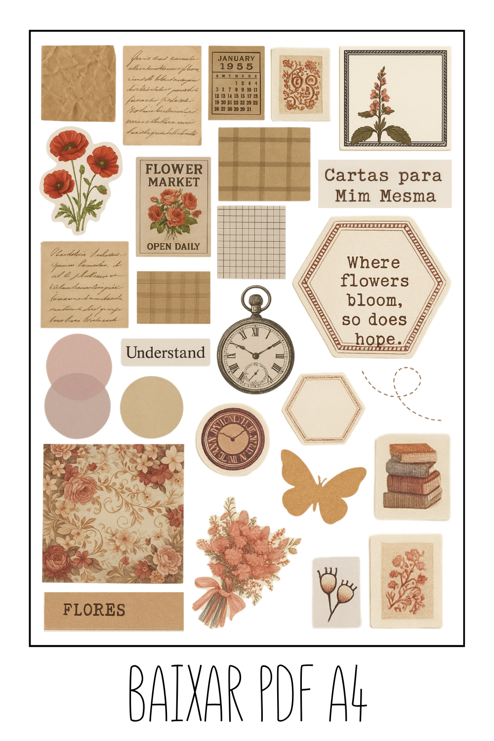 Adesivos Vintage Floral para Imprimir Grátis – Scrapbook e Journaling